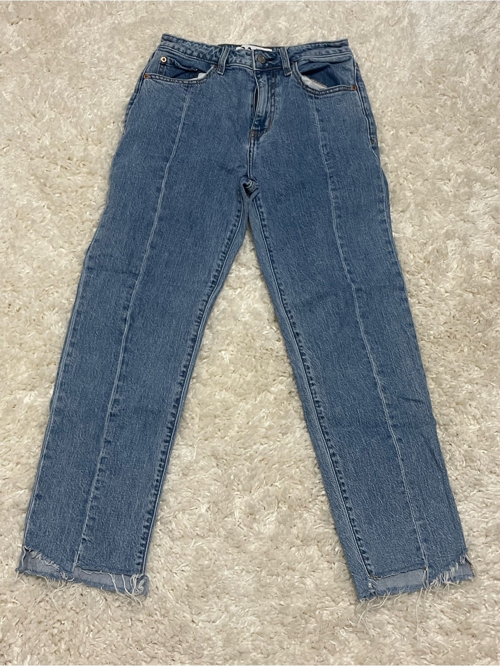 DAZE Tough Love Jeans Women’s 26 High Rise Straight Raw Hem Seamed Medium Wash